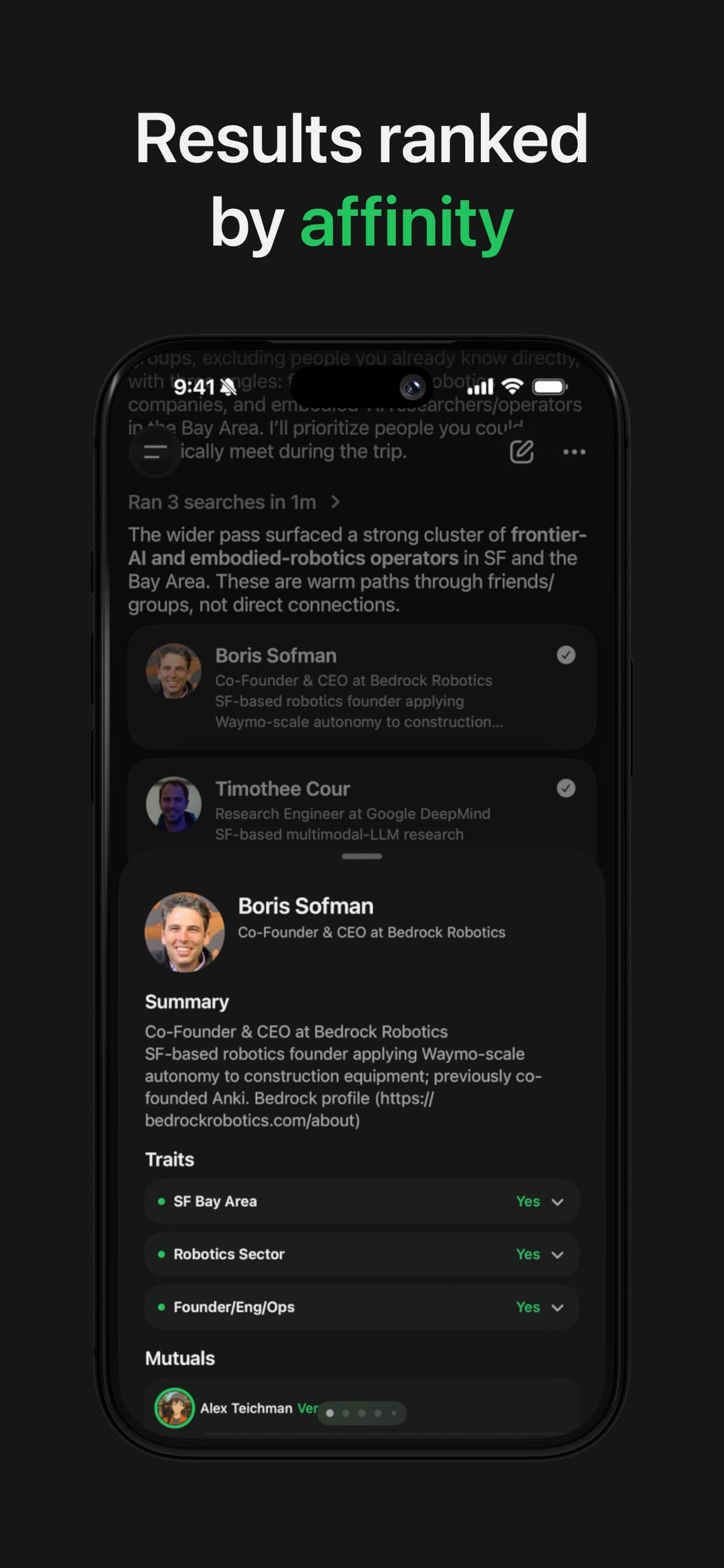 Network search results ranked by affinity in the Happenstance iPhone app.