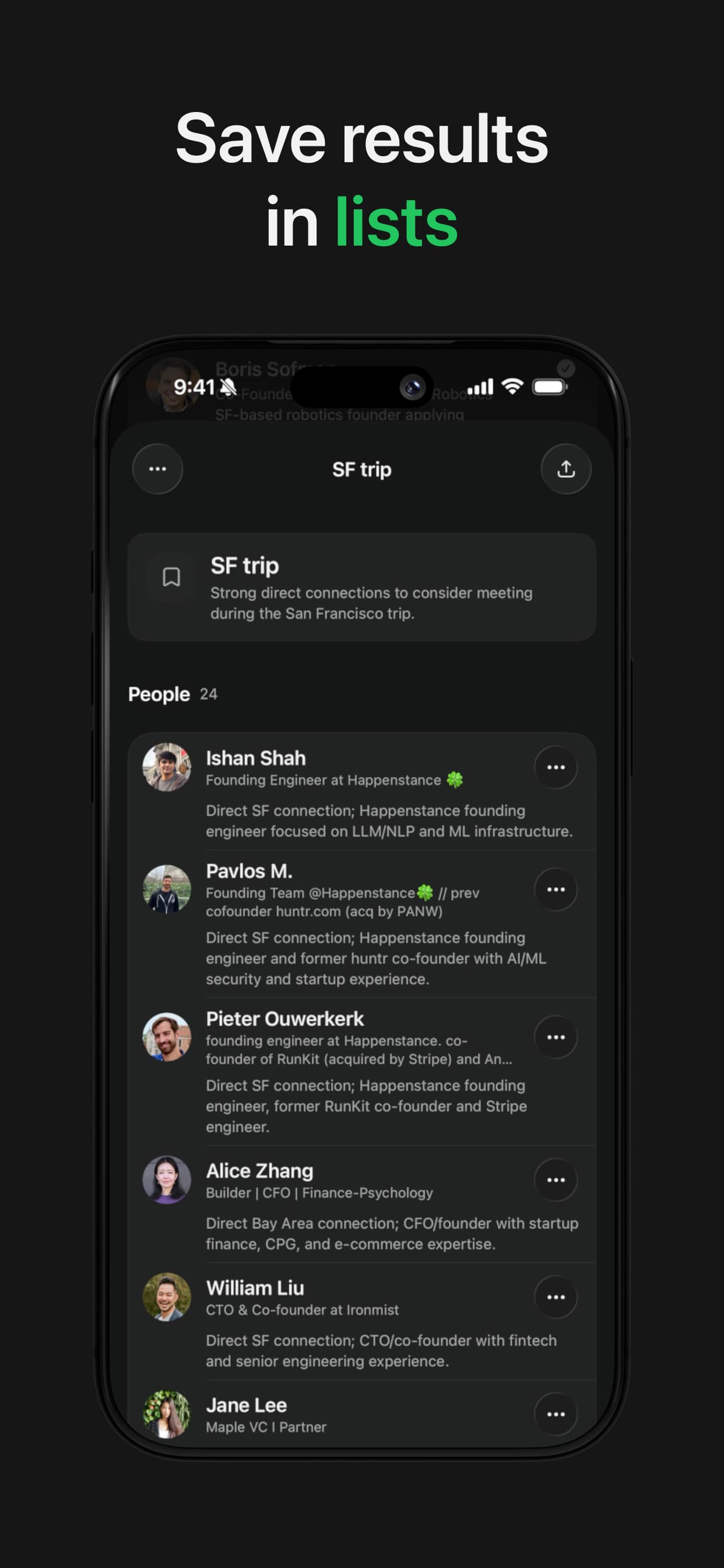 Happenstance on iPhone showing a saved list of people and warm introduction paths.