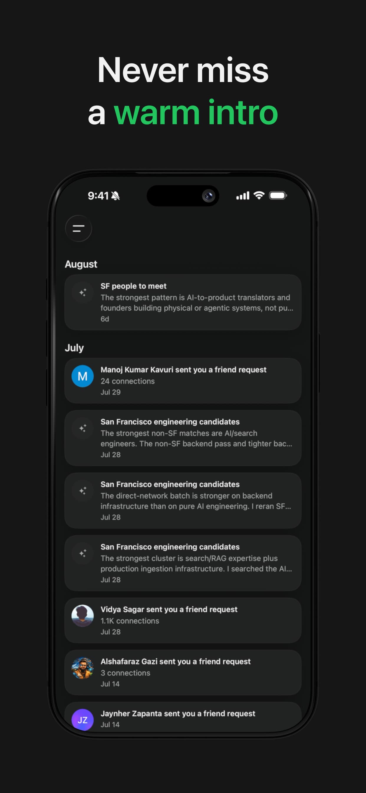 Warm-introduction updates in the Happenstance iPhone app.