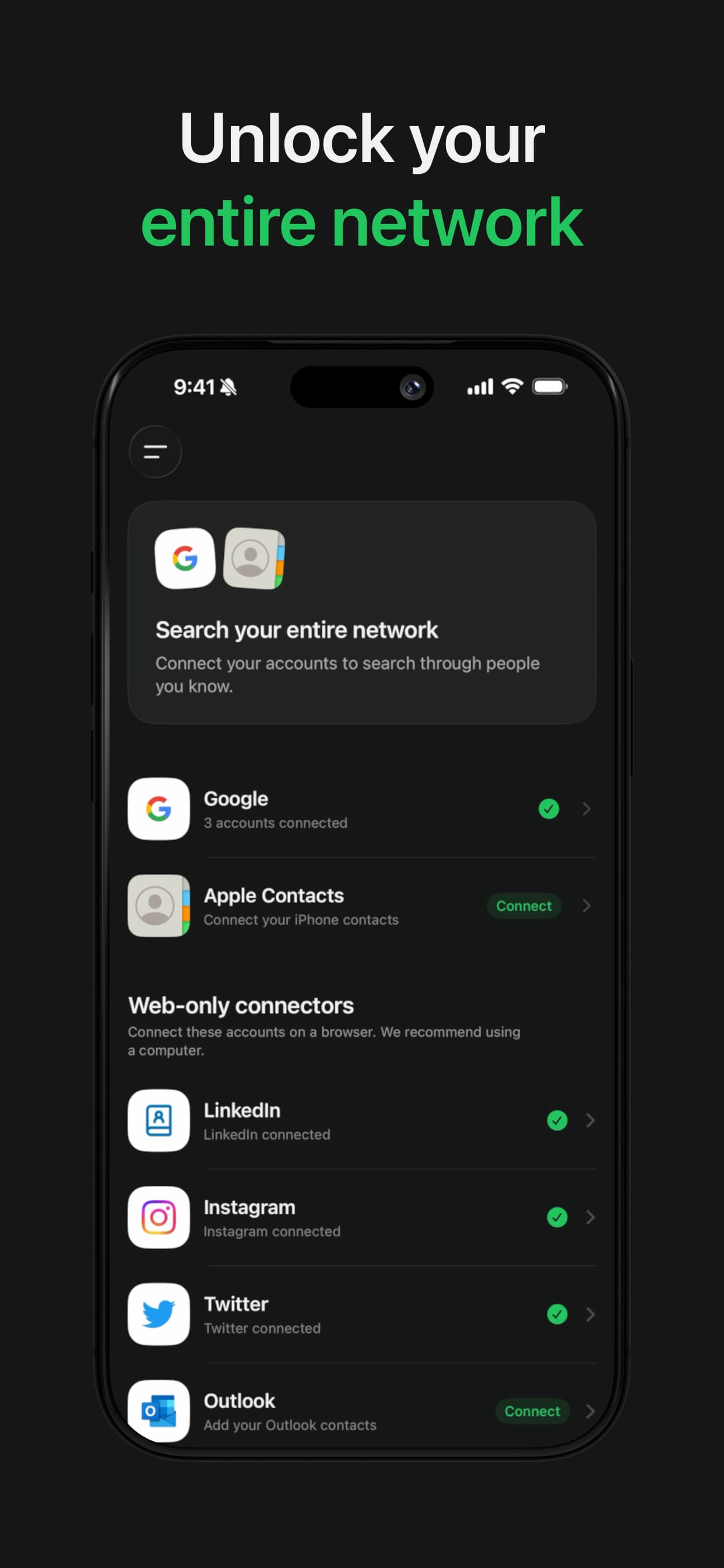 Happenstance on iPhone with Apple Contacts ready to connect.